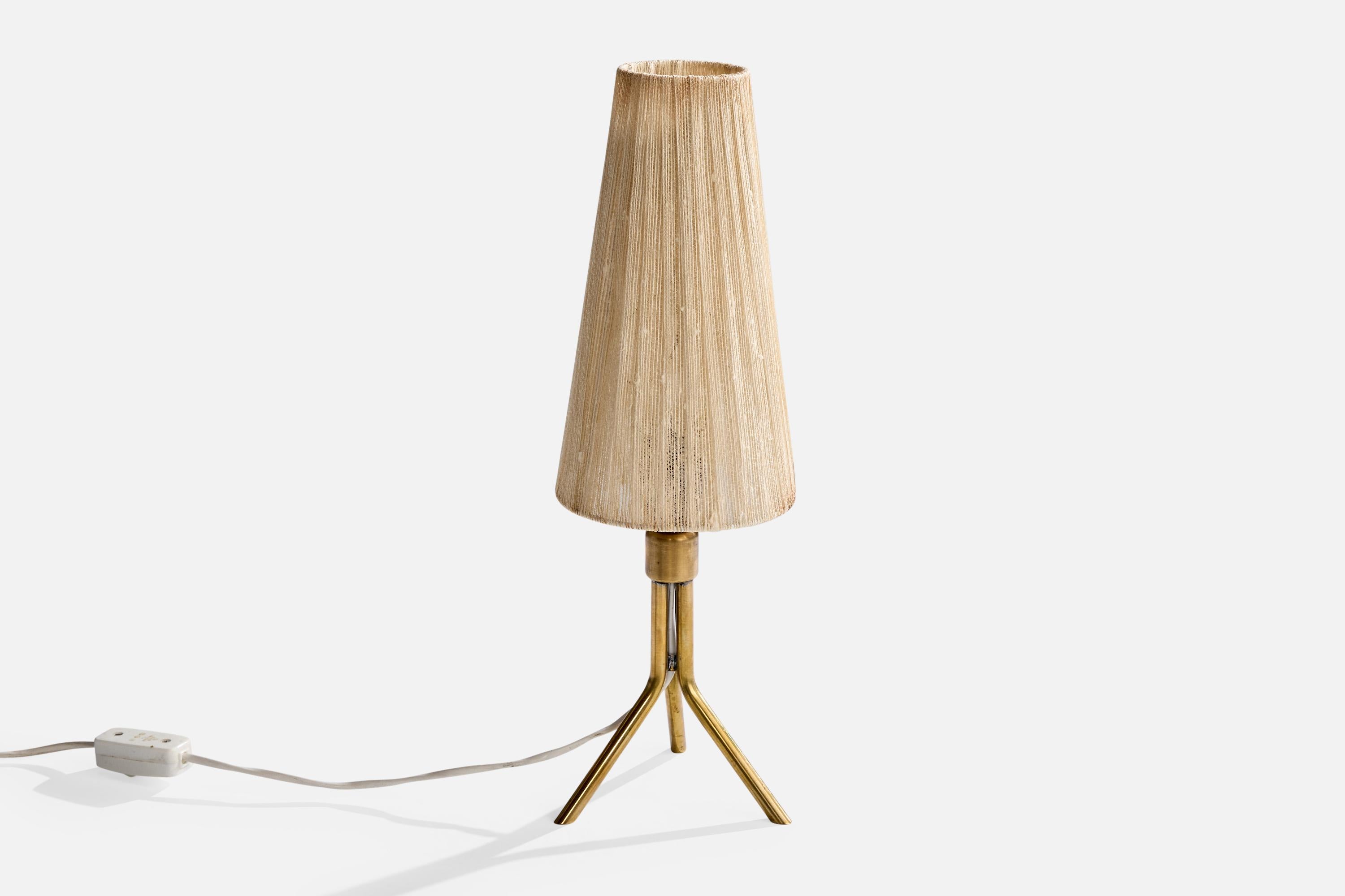 Scandinavian Modern Swedish Designer, Table Lamp, Brass, Fabric, Sweden, 1950s For Sale