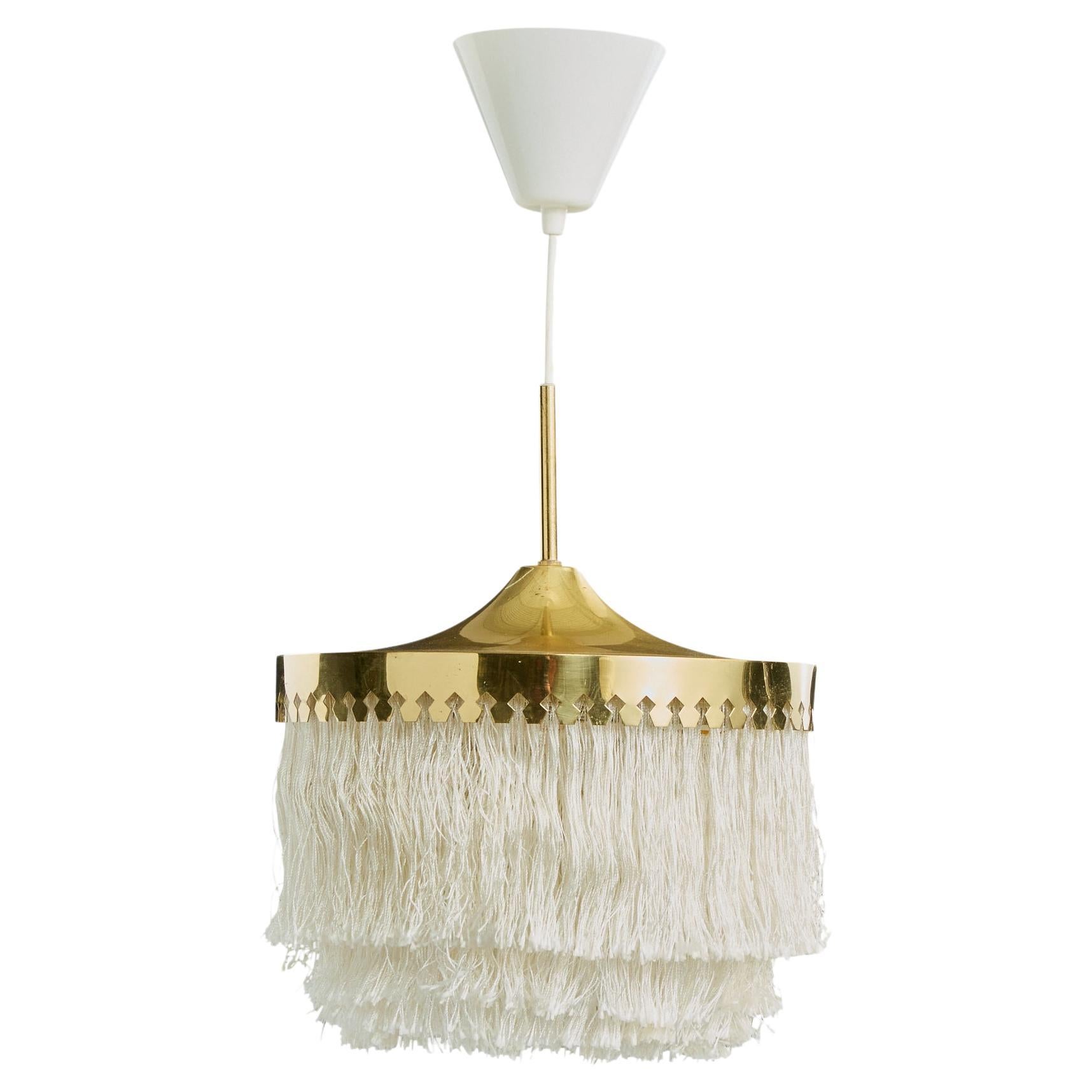 Hans-Agne Jakobsson, Pendant Light, Brass, Fabric, Sweden, 1960s For Sale