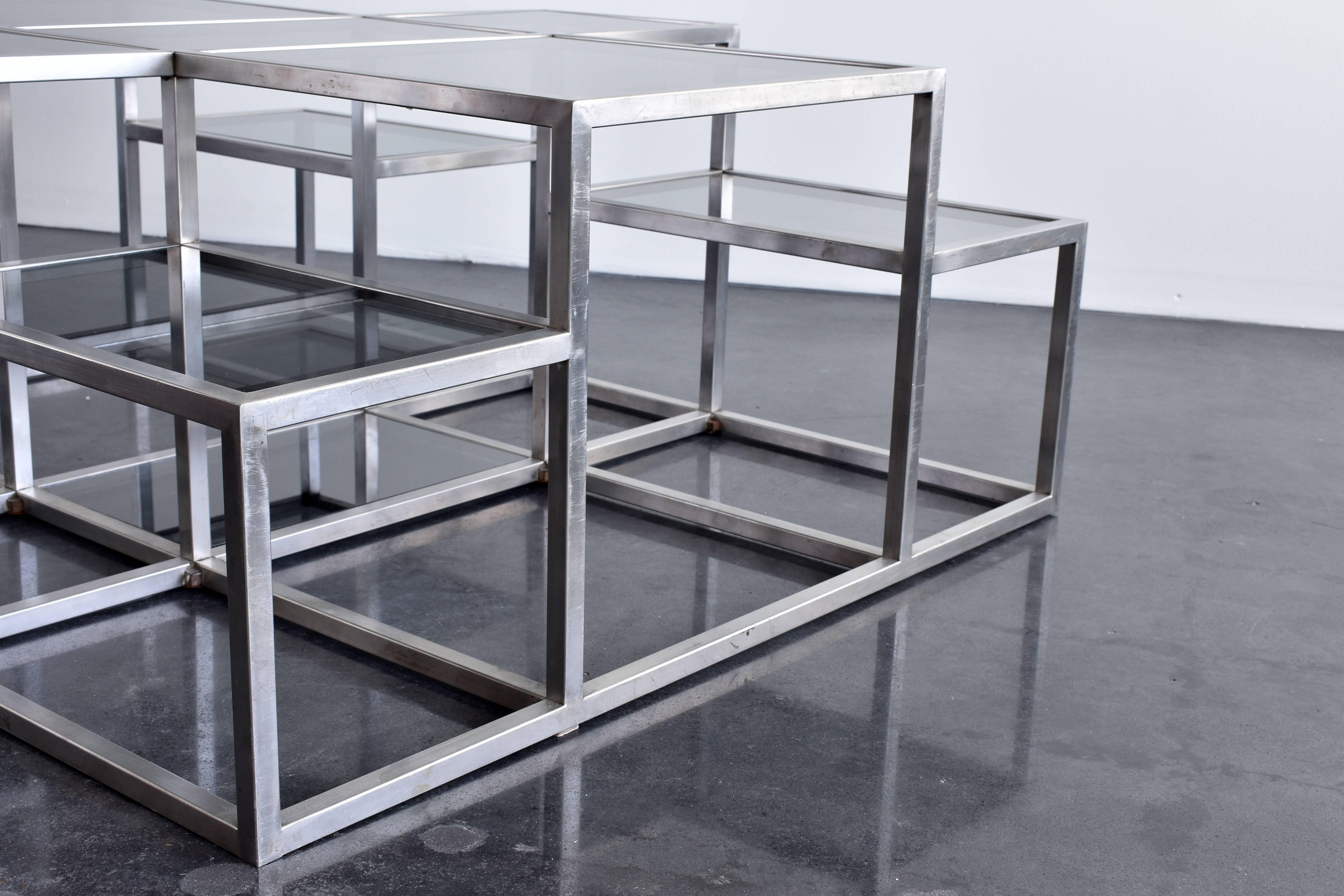 Minimalist Michel Boyer, Rare Minimal Coffee Table in Stainless Steel and Smoked Glass 1973