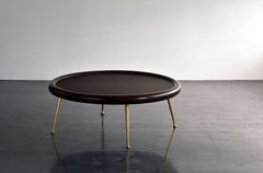 T.H. Robsjohn-Gibbings, Round Coffee Table, Walnut, Brass Legs, 1950s Widdicomb
