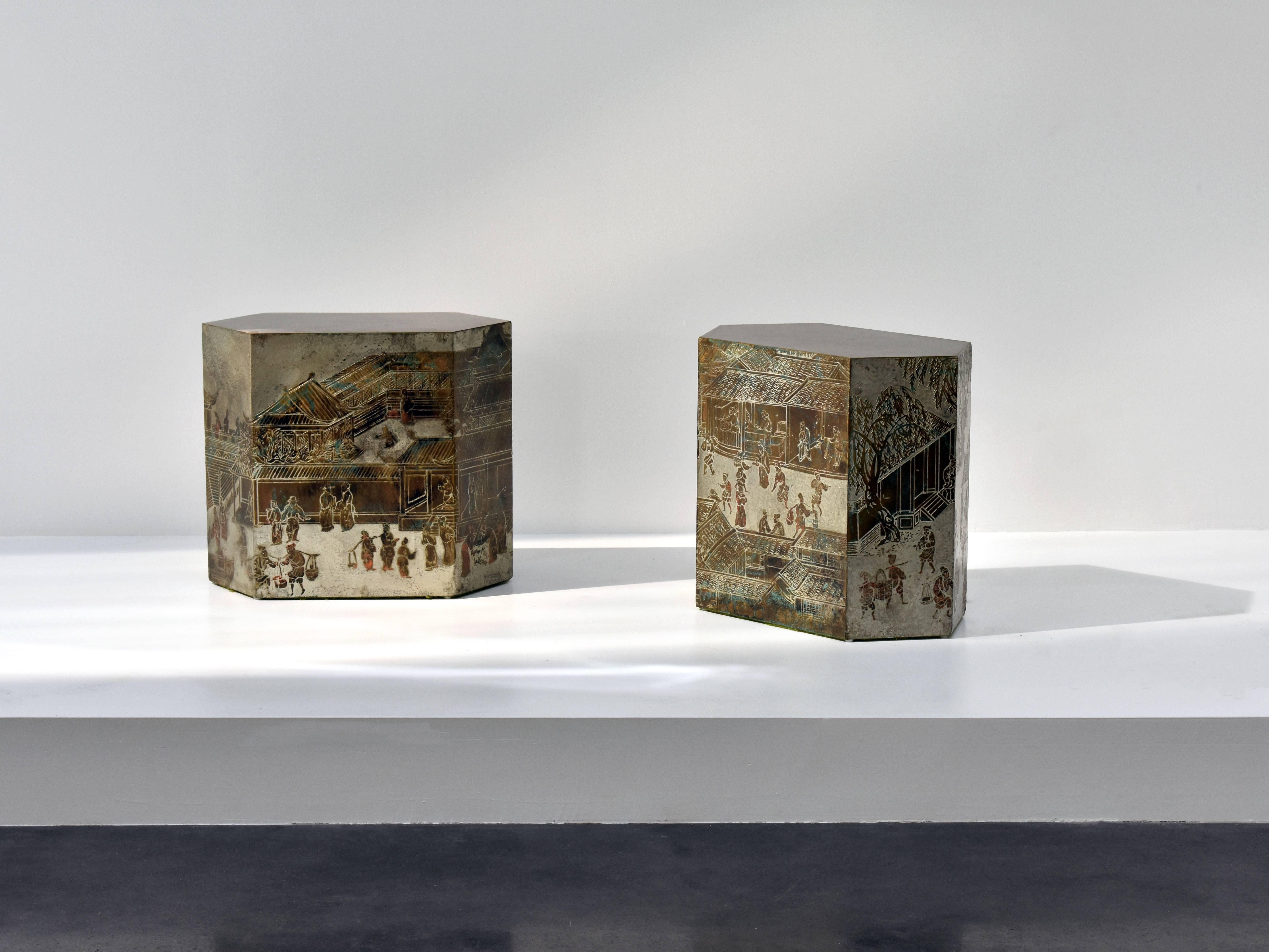 A pair of occasional side tables with enameled oriental motifs. Designed and studio executed by Father and son duo Philip and Kelvin LaVerne, circa 1965. Etched signature to each example.