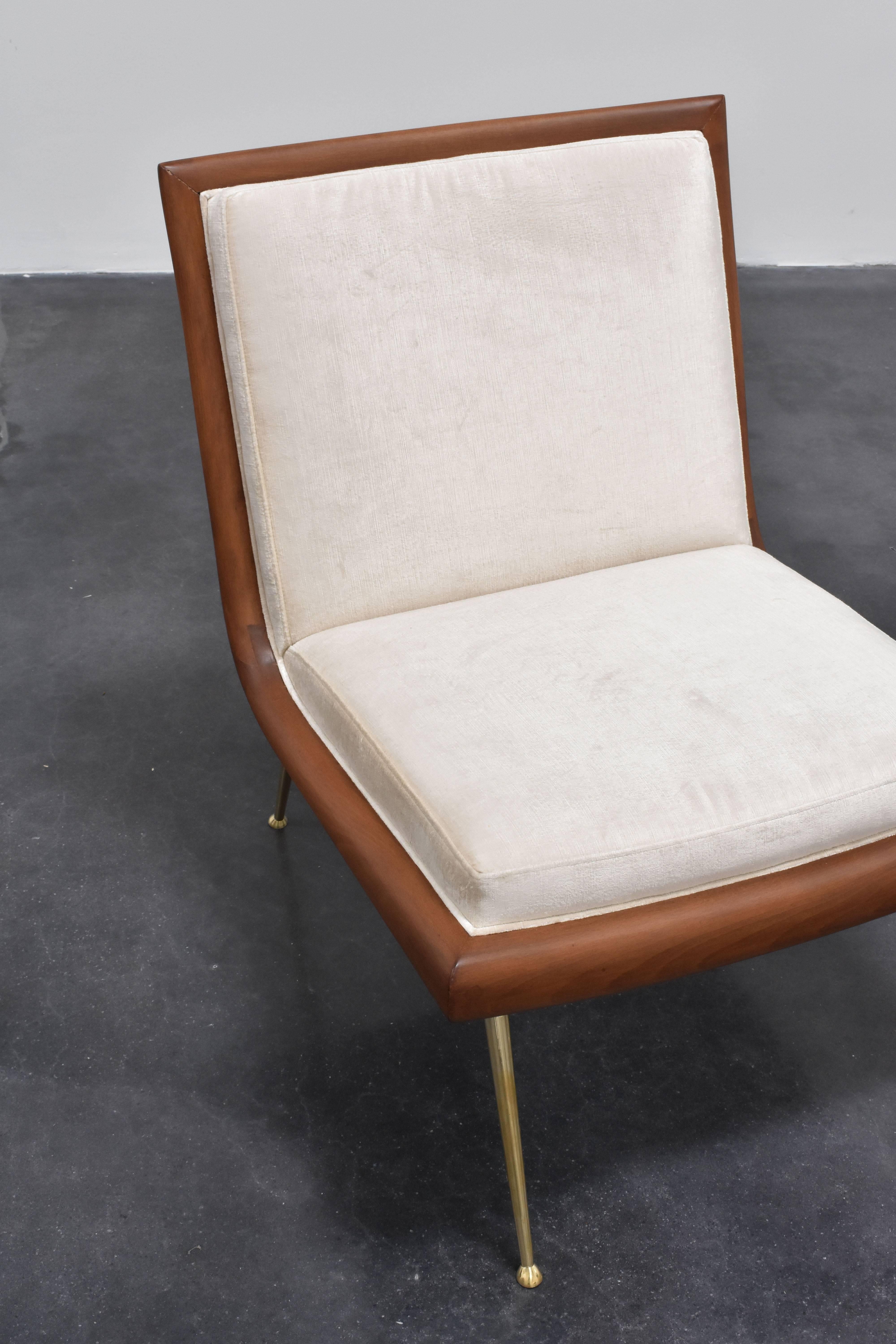 T.H. Robsjohn-Gibbings, Cocktail Chairs, Walnut, Beige Velvet, Brass, 1950s In Good Condition In High Point, NC