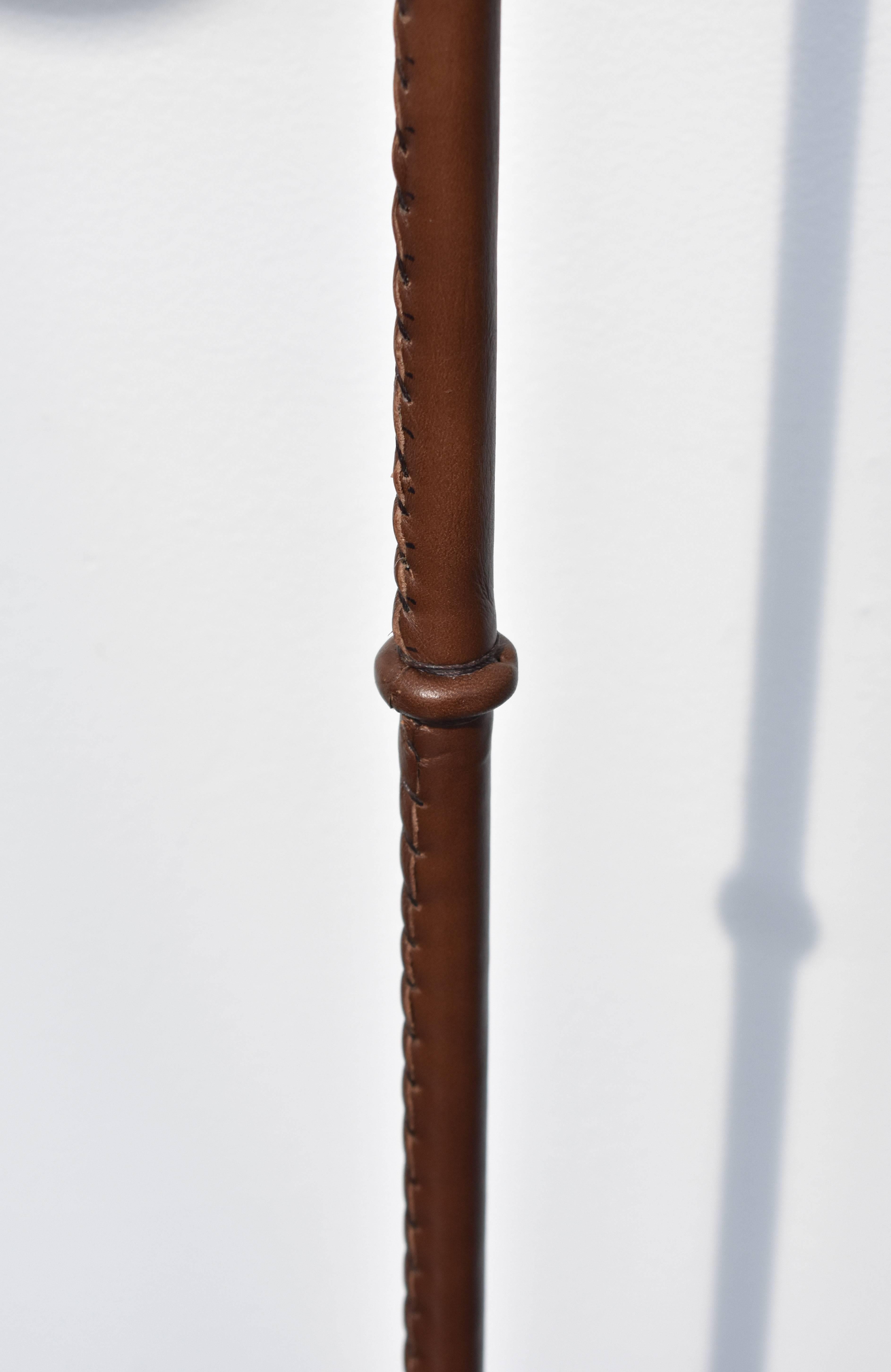 Jacques Adnet Style Floor Lamp in Dark Brown Saddle-Stitched Leather, 1950s (Französisch)