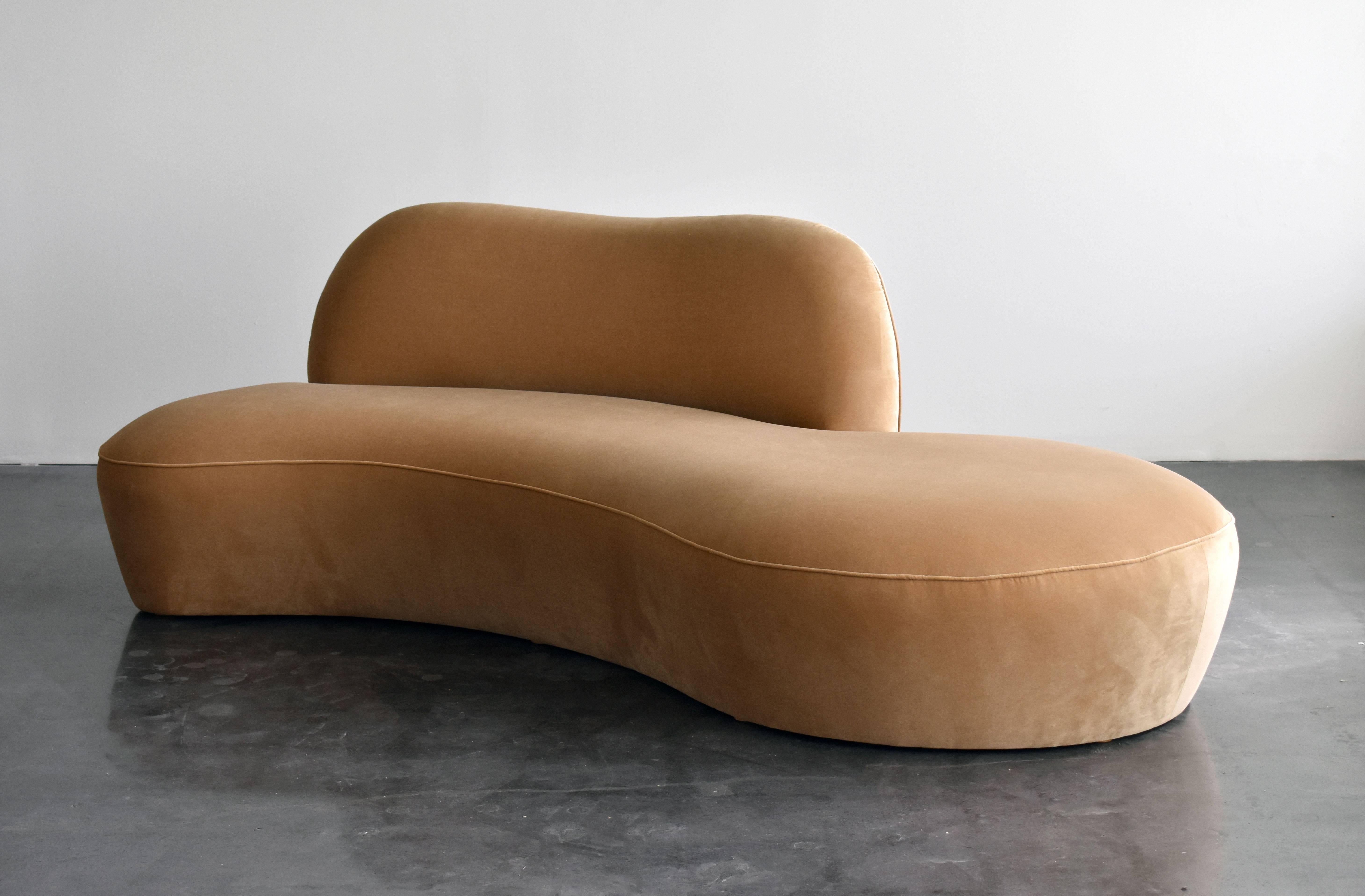 A sofa in light bronze velvet with a form referencing the early organic design movement. Comfortable backrest. Rare version executed in limited numbers for room and board.