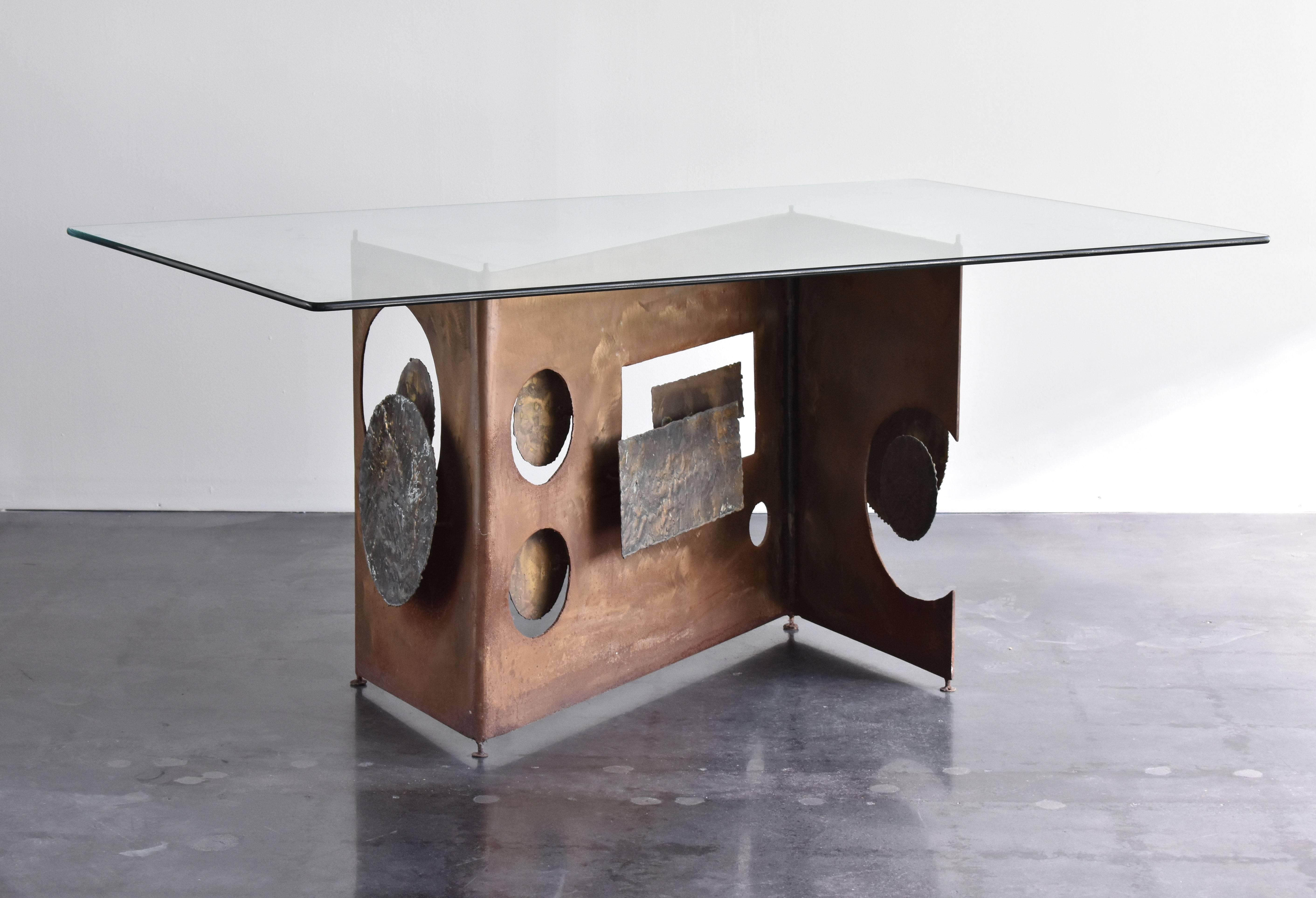 American Silas Seandel, Signed Handcrafted Brutalist Console/Table Bronze, Steel 1970s For Sale