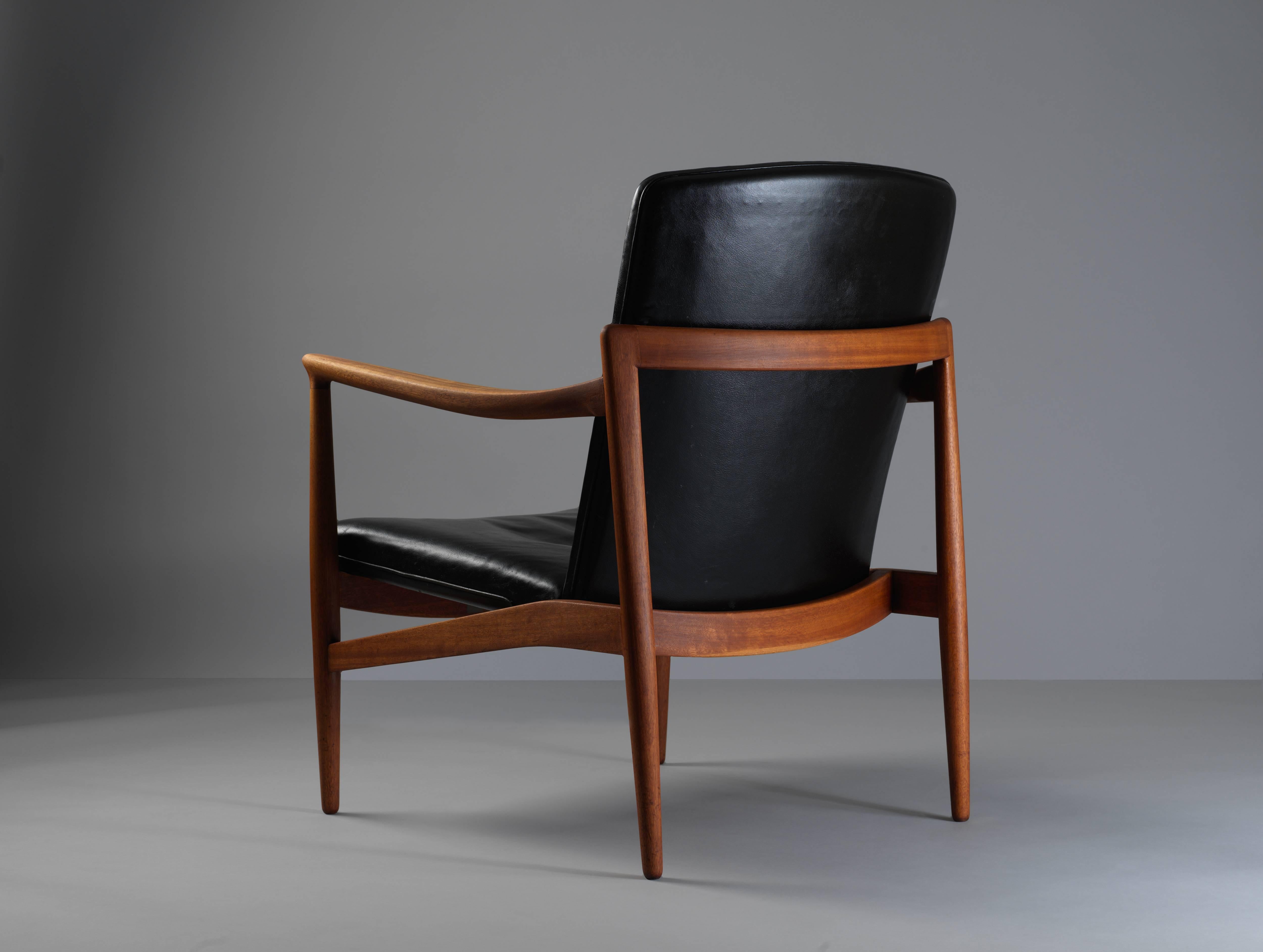 Danish Jacob Kjaer, Adjustable Lounge Chair, Teak, Original Black Leather, Denmark 1945