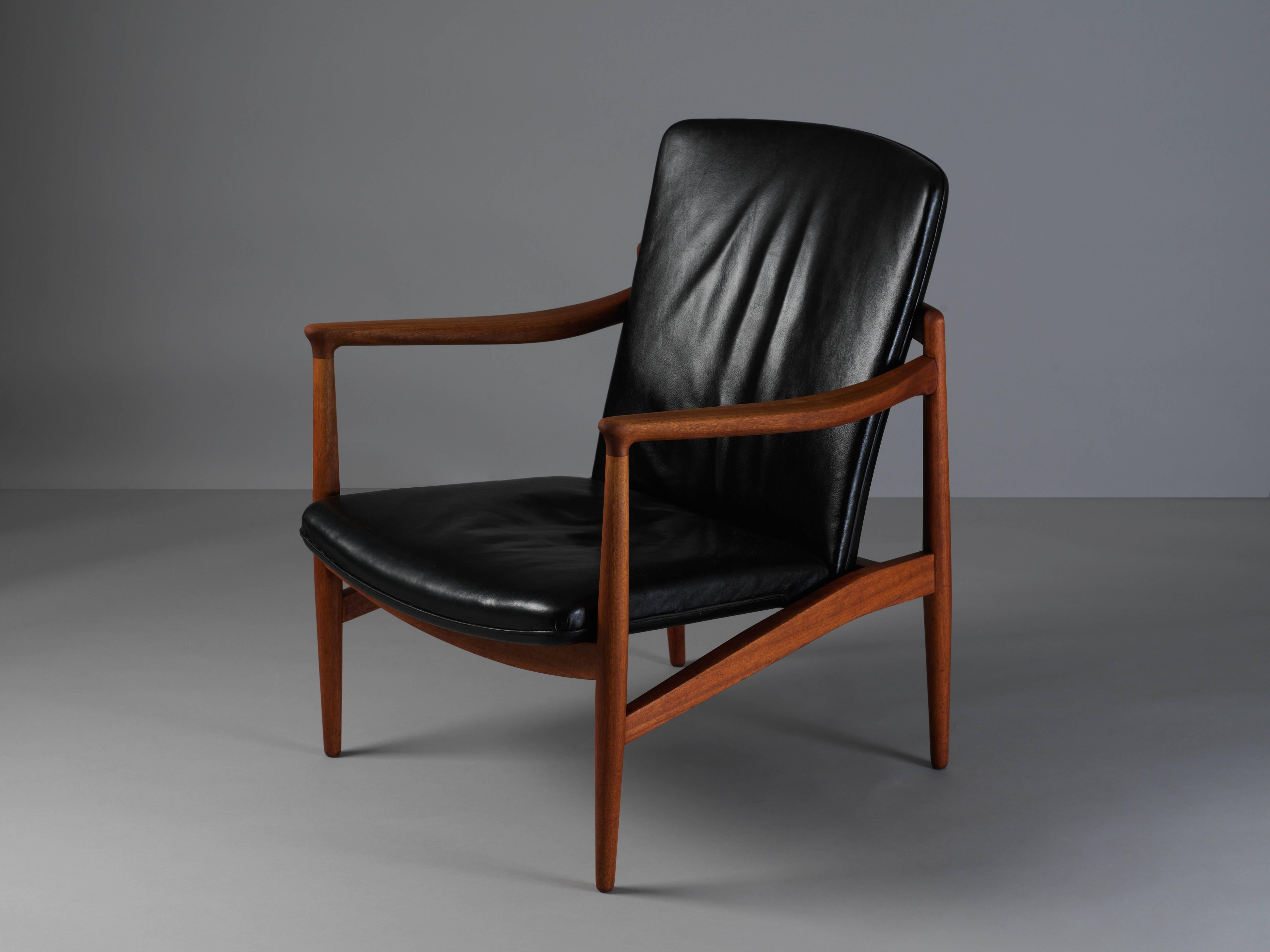 Jacob Kjaer, Adjustable Lounge Chair, Teak, Original Black Leather, Denmark 1945 1