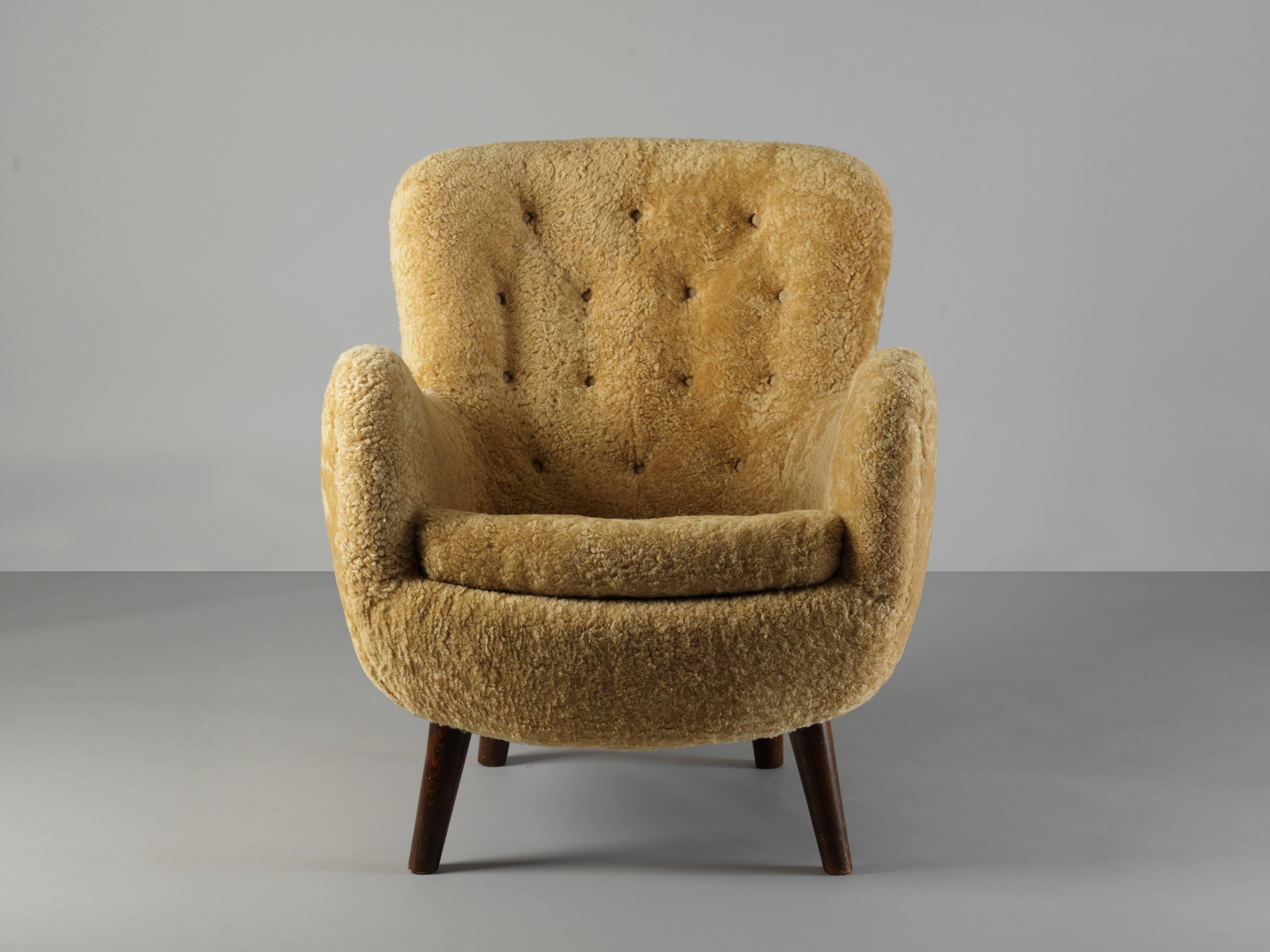 Stained Frits Schlegel 'Attributed', Organic Lounge Chair, Natural Beige Lambskin, 1940s