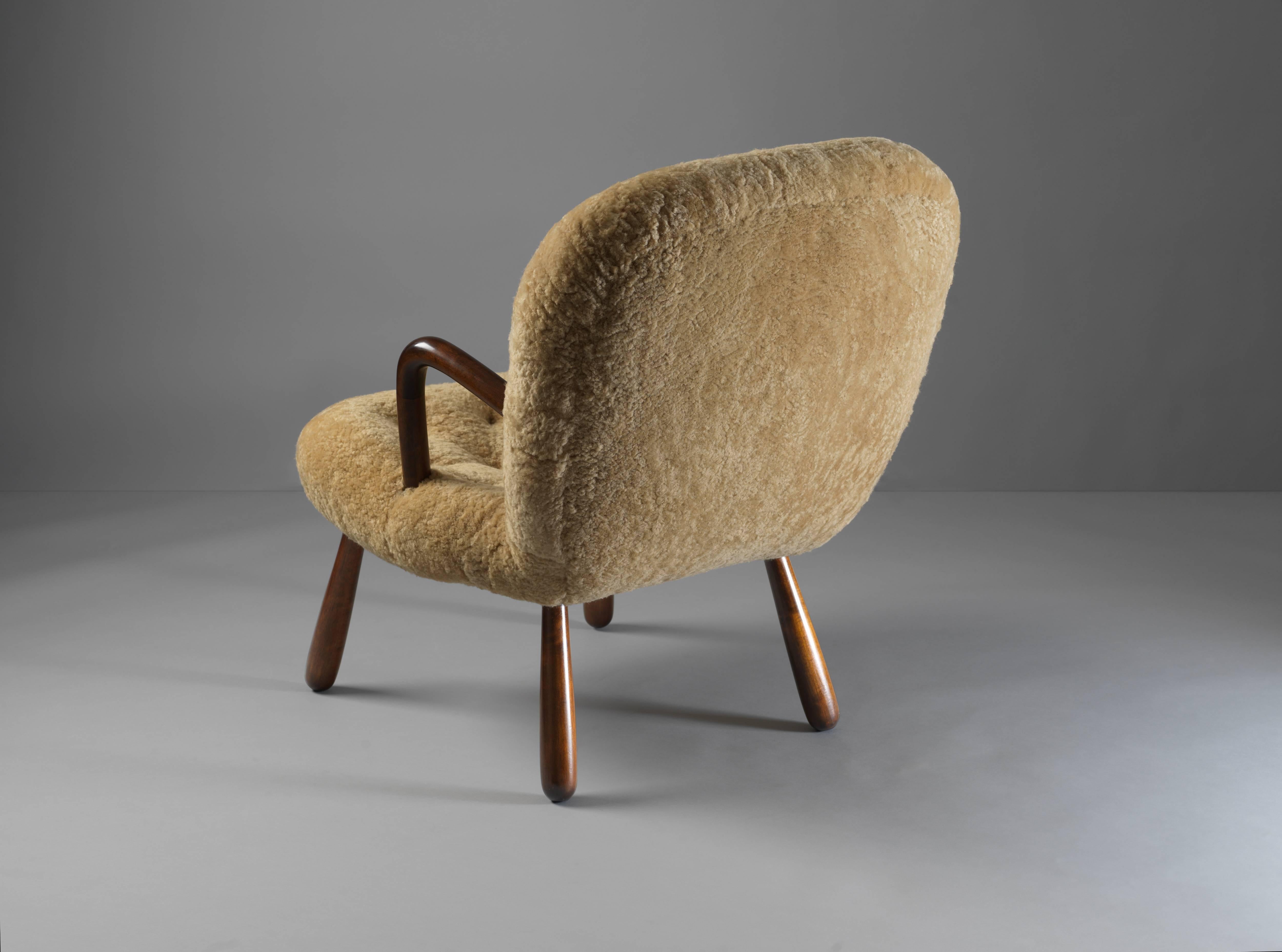 Danish Philip Arctander ( attributed) Clam Armchair Lambskin and Stained Wood, 1940s