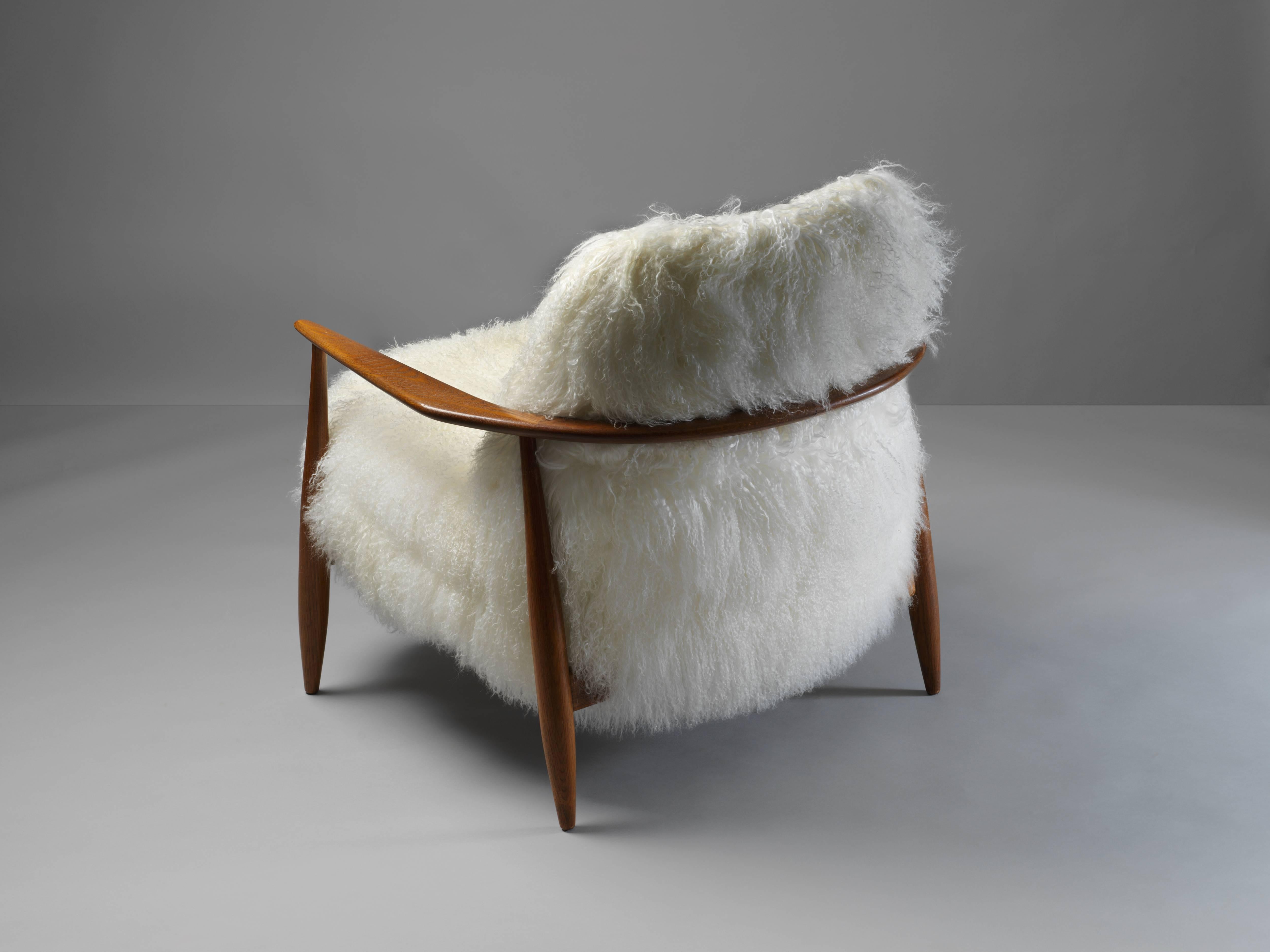 Swedish Ib Kofod-Larsen Attributed, Lounge Chair in White Lambskin, Stained Oak, 1950s