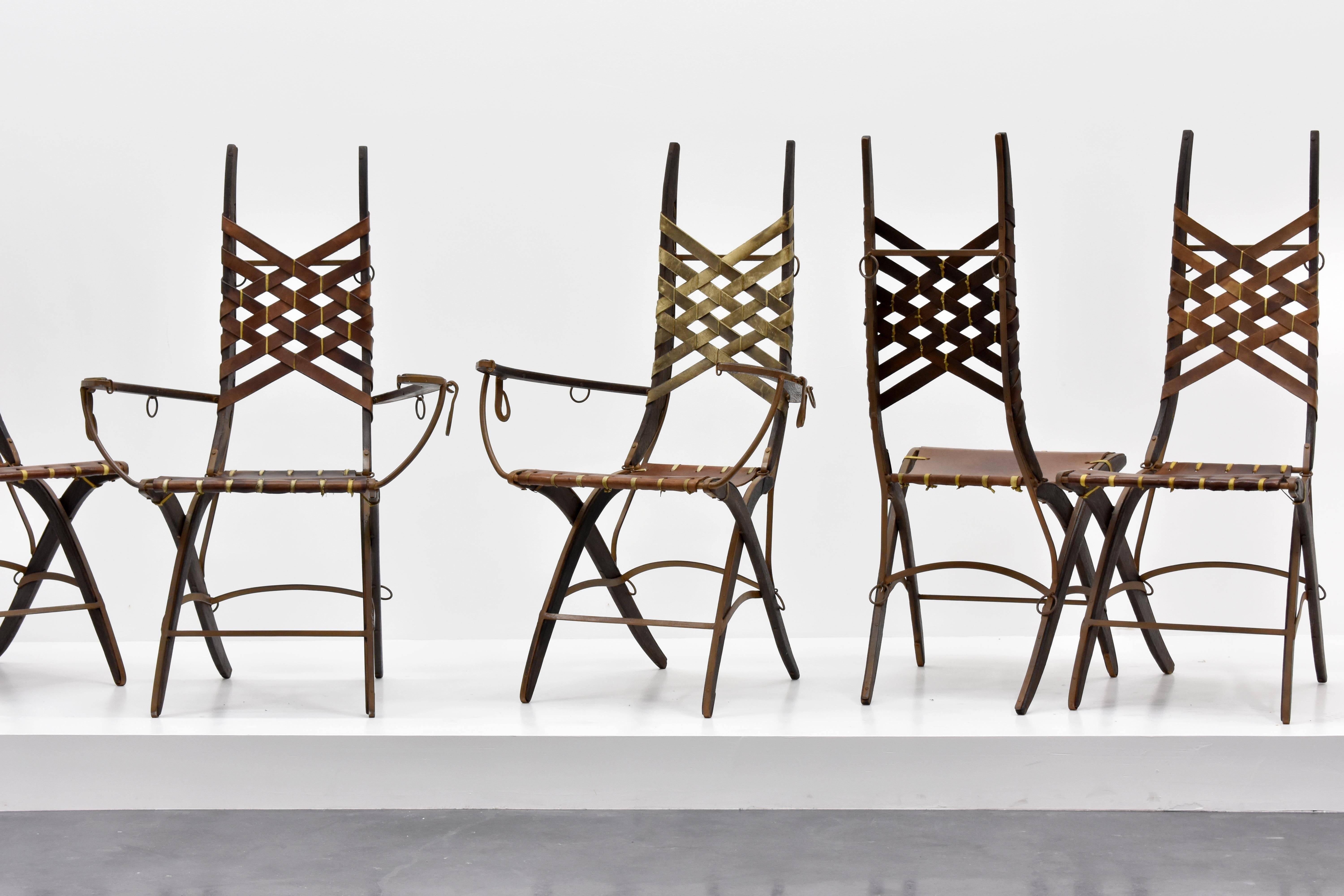 Italian Alberto Marconetti, Six Dining Chairs, Iron, Oak, Leather, Italy, circa 1960