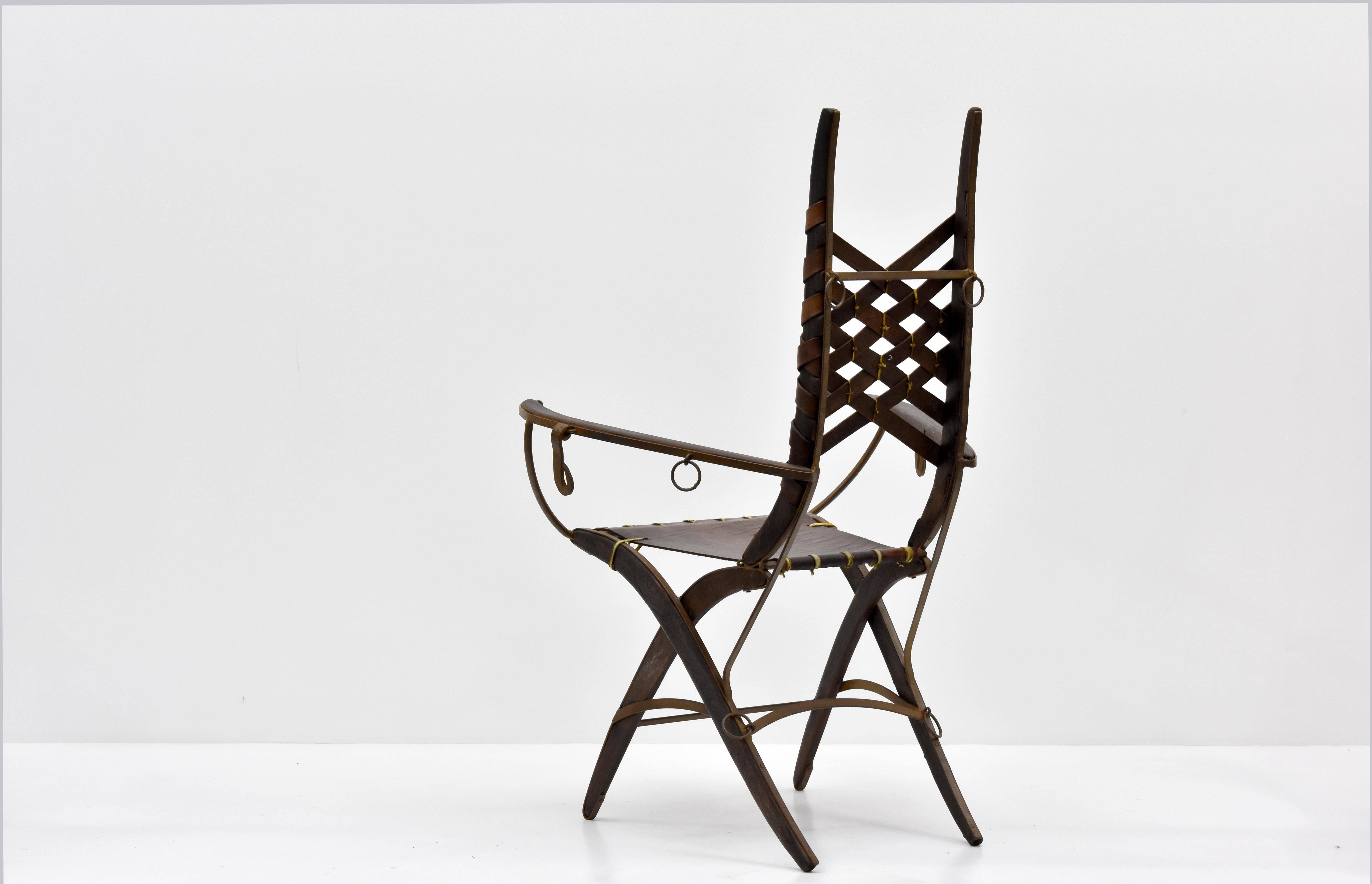 Mid-Century Modern Alberto Marconetti, Six Dining Chairs, Iron, Oak, Leather, Italy, circa 1960