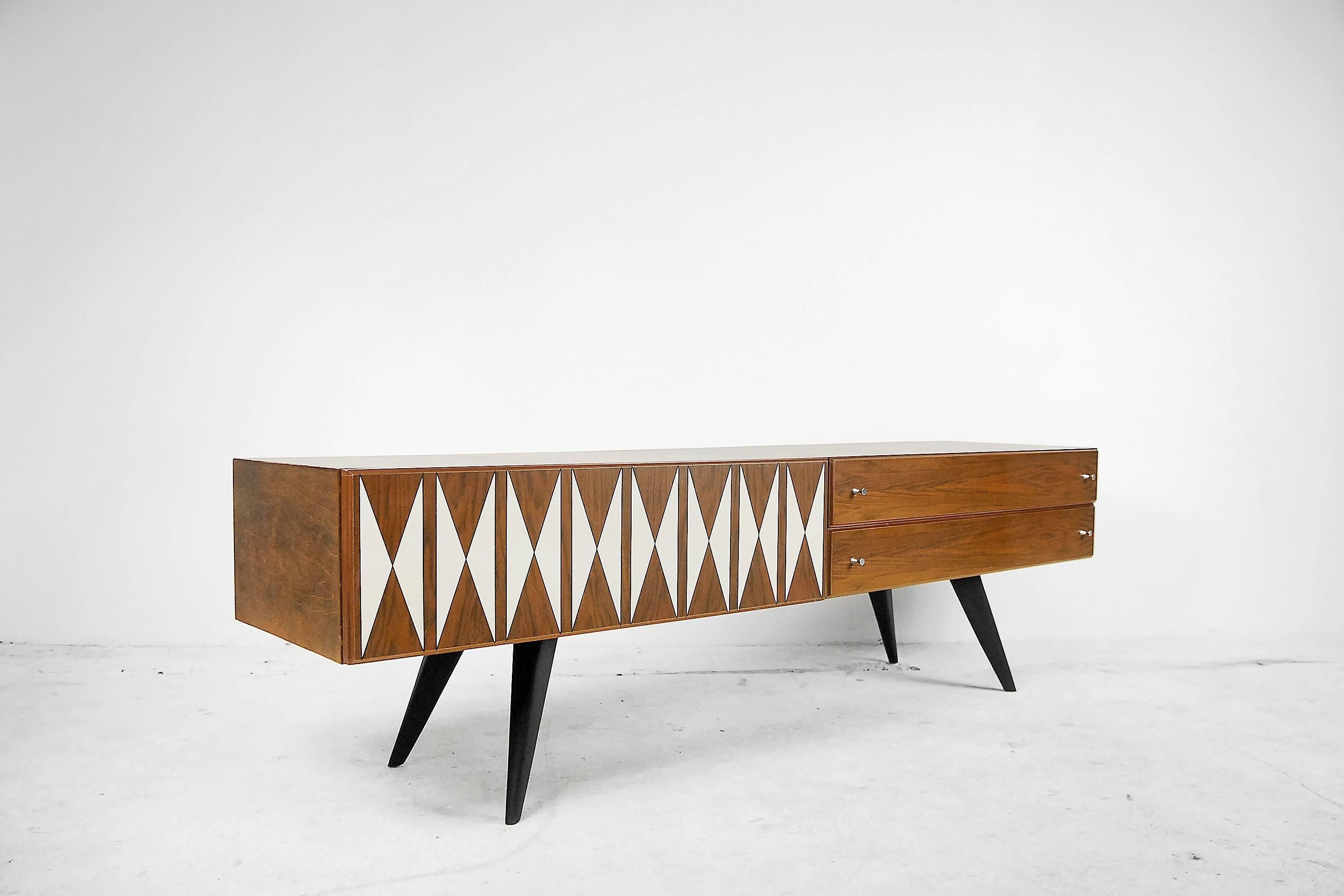 Wood Scandinavian Low Sideboard with Midcentury Pattern, 1970s