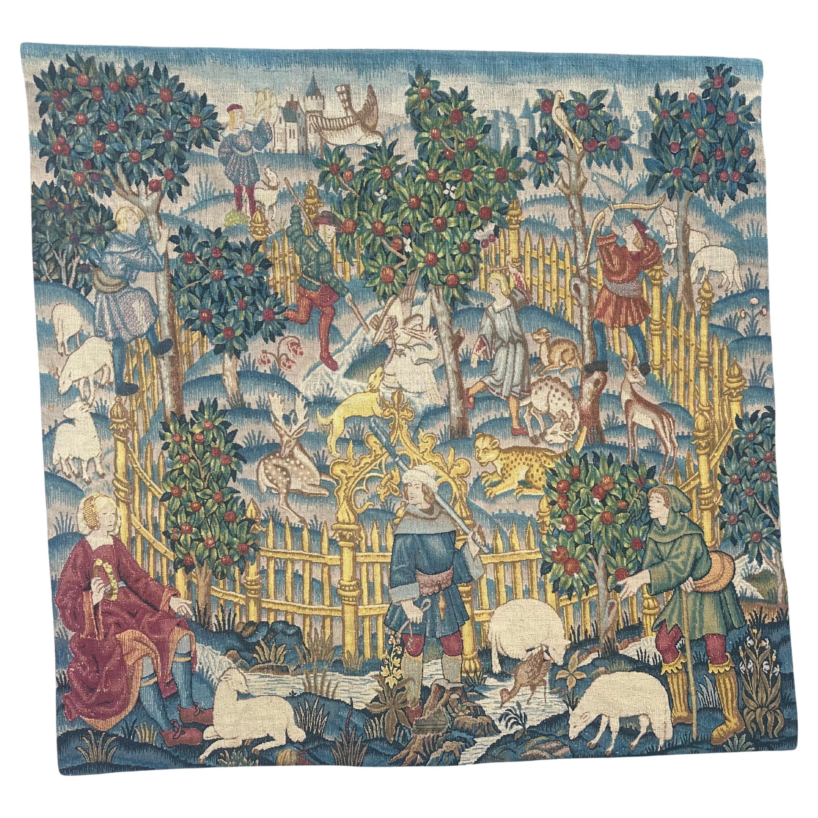 Schöner französischer Wandteppich im Aubusson-Stil " verzauberter Park ", handbedruckt
