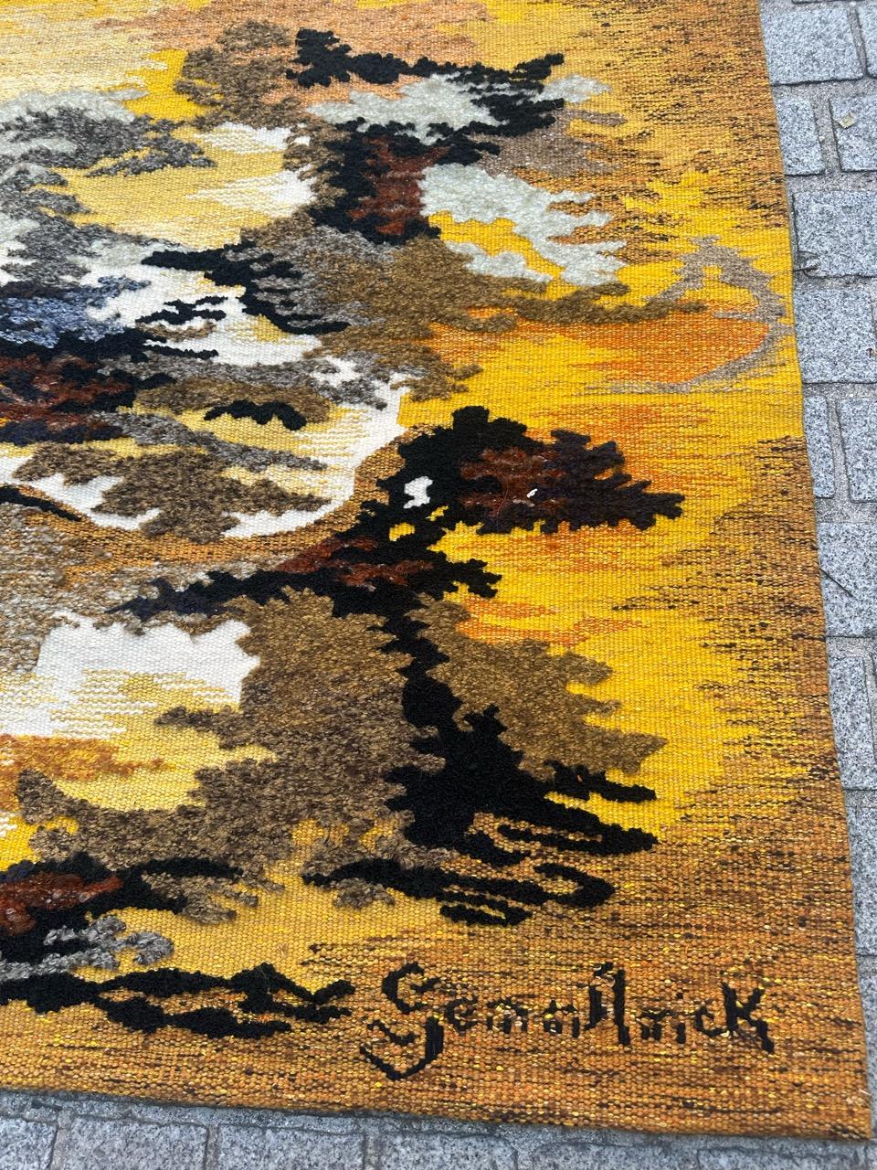 Discover the elegance of modern French tapestry with the exquisite design titled «Tornado» by Gemmanick. This limited edition masterpiece, woven in vibrant shades yellow,  , blue grey, purple, orange , brown, black and white, adds a touch of