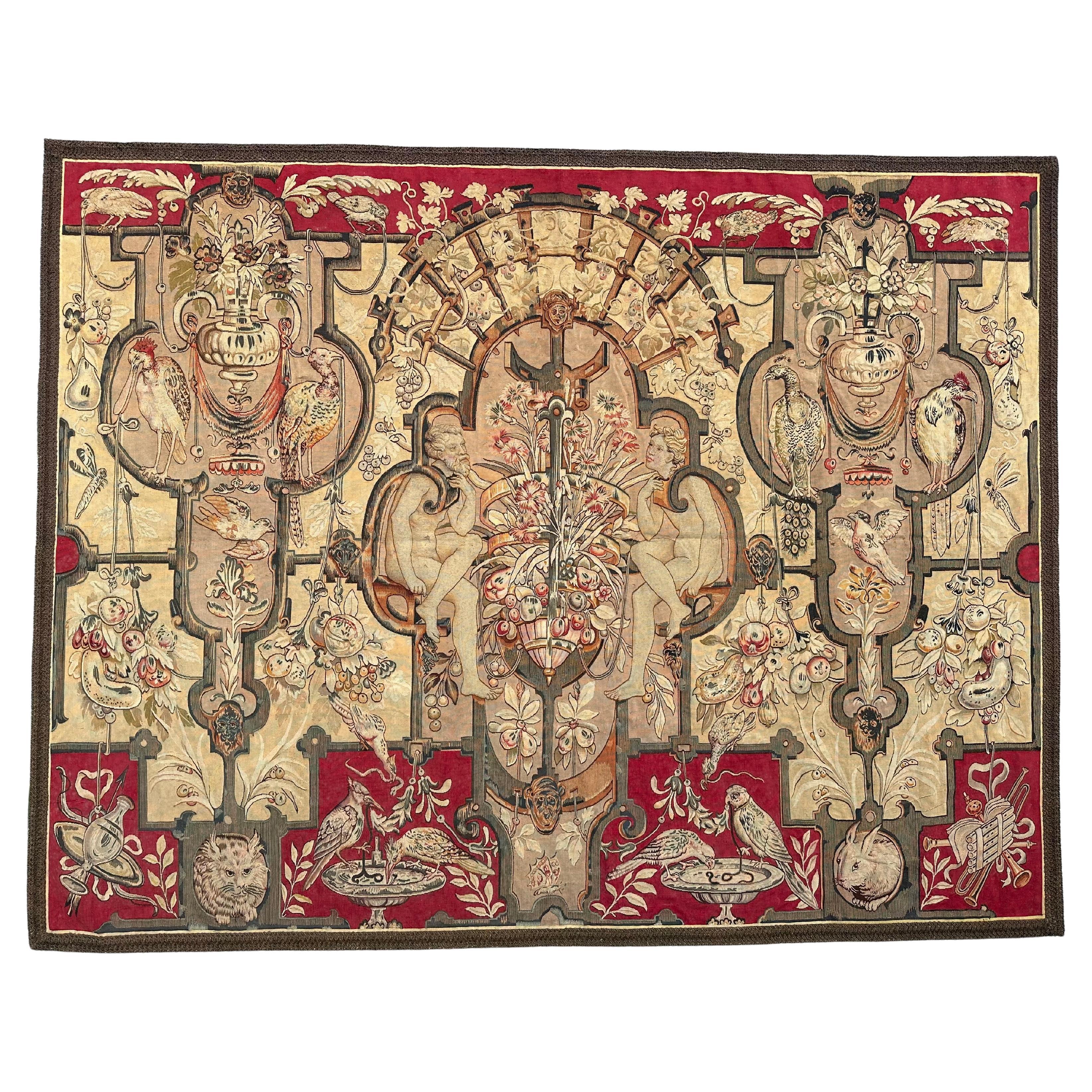 Wonderful antique extremity fine french handwoven silk Aubusson tapestry For Sale