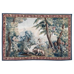 Pretty antique large french handwoven Aubusson tapestry « Swan attacked by dog »