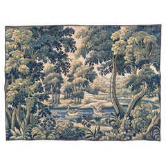 Belle tapisserie d'Aubusson en Jacquard Halluin du milieu du siècle "Verdure Mallard