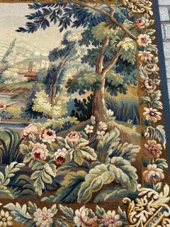 Belle tapisserie française ancienne d'Aubusson « paysage avec un oiseau »
