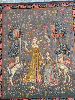 Wonderful antique french handwoven Aubusson tapestry « lady and licorn, Taste »