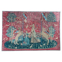 Pretty antique french screen printed tapestry « lady and licorn, Taste"
