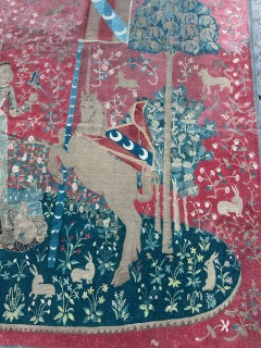 Pretty antique french screen printed tapestry « lady and licorn, Taste"