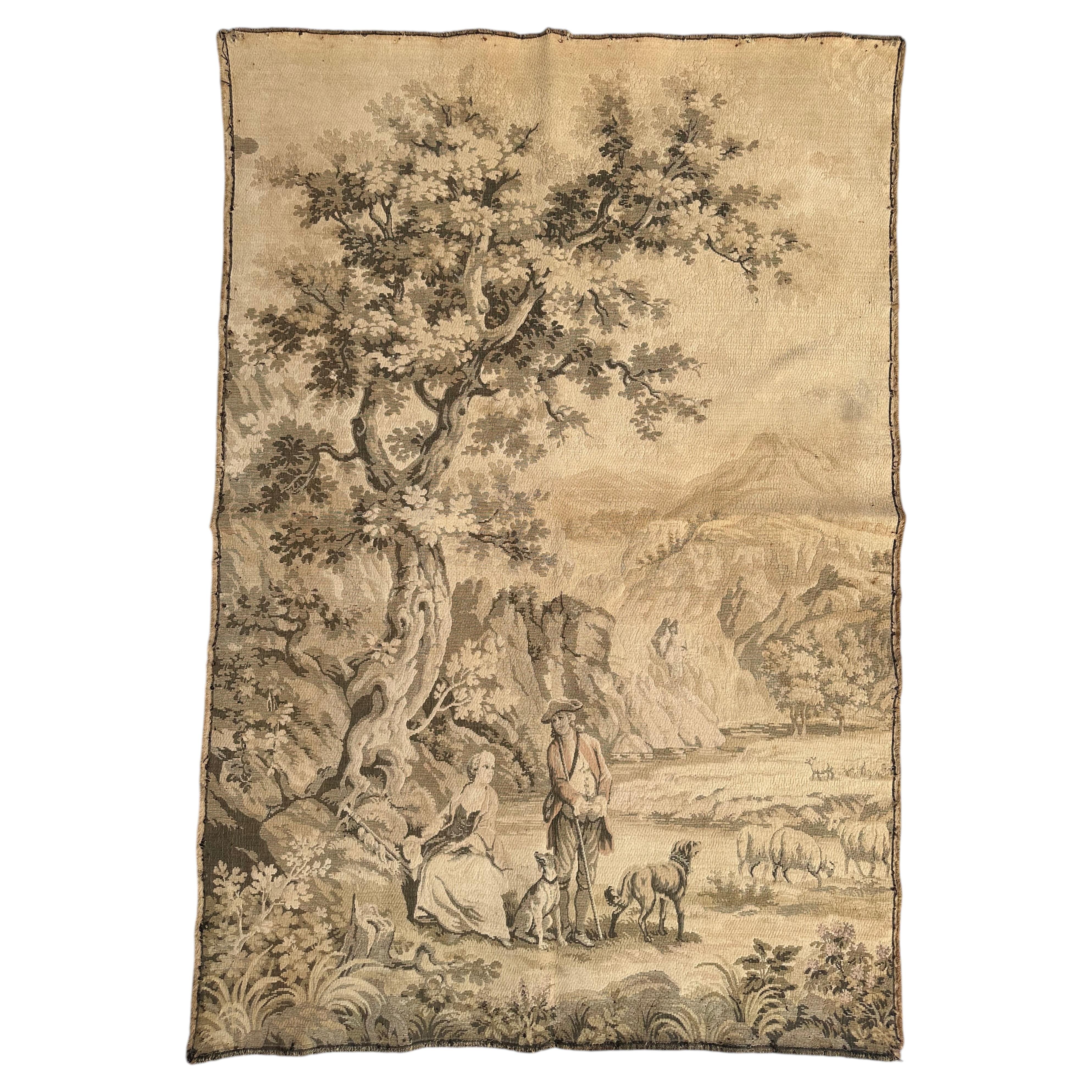 Jolie tapisserie française ancienne de style Aubusson en jacquard, représentant des « bergers »