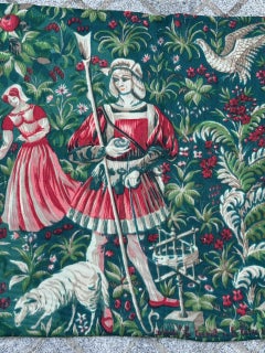 Nice vintage French Aubusson style screen printed tapestry medieval design