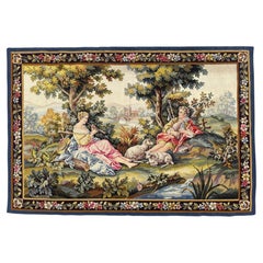 Wonderful mid century fine French Aubusson tapestry «flute lesson»