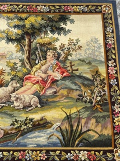 Wonderful mid century fine French Aubusson tapestry «flute lesson»