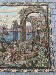 Pretty vintage French Aubusson style Jacquard Tapestry "Port of Venice"
