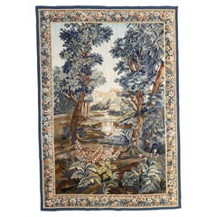 Nice mid century French Aubusson tapestry «landscape with river and bird»