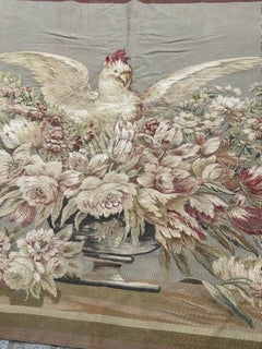 Nice antique fine French Aubusson tapestry «rooster and flowers»
