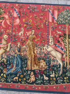 Nice mid century French handwoven Aubusson tapestry «lady and licorn, Taste»