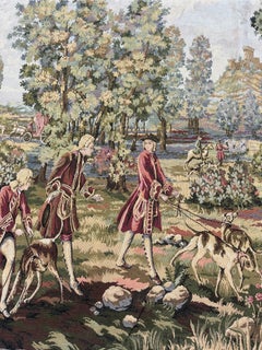 Pretty vintage French Aubusson style Jacquard Tapestry « Hunting with hounds »