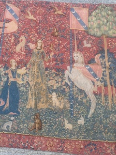 Hübscher antiker französischer Siebdruck-Wandteppich „Dame und Einhorn, Taste“