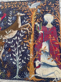 Nice mid century French needlepoint Aubusson style medieval design tapestry