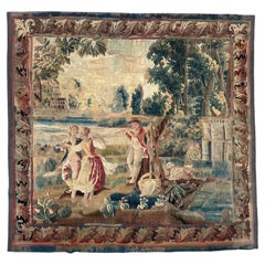 Wonderful 18th century French Aubusson tapestry "flute player, dancing figures"