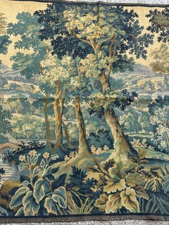 Jolie tapisserie vintage française de style Aubusson, en jacquard d'Halluin, intitulée « Paysage verdoyant »