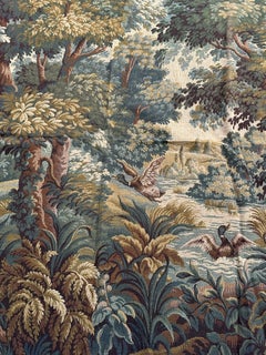Jolie tapisserie vintage française de style Aubusson, en jacquard d'Halluin, « paysage, oiseaux »