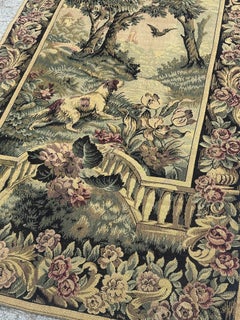 Pretty antique French Aubusson Style Jacquard Tapestry panel "landscape, dog "