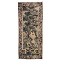 Grazioso pannello antico in tessuto jacquard in stile Aubusson francese, con motivo "paesaggio, cane"