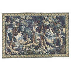 Bellissimo e grande arazzo vintage francese in stile Aubusson, realizzato in jacquard, raffigurante un “paesaggio con uccello”
