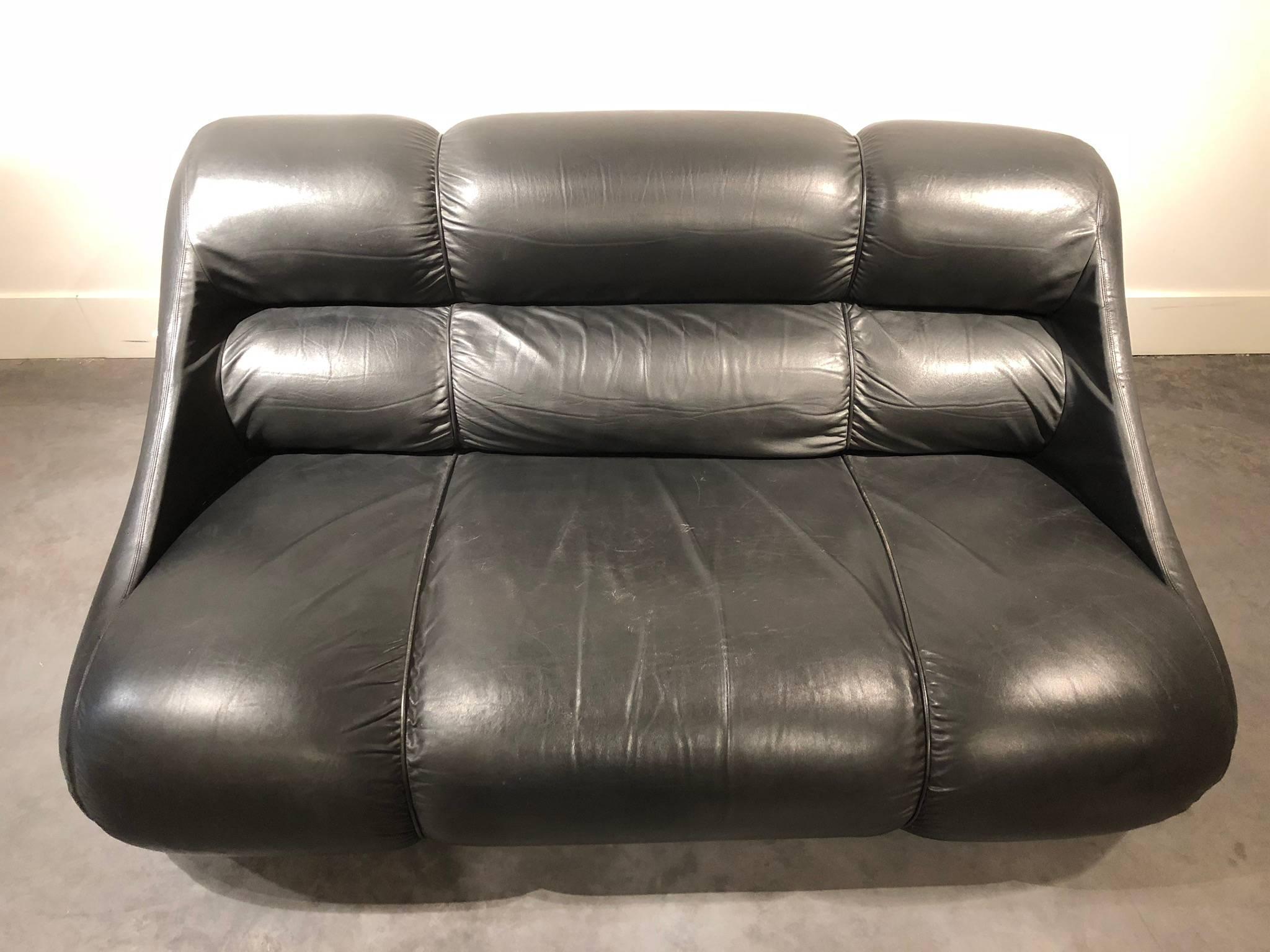Mid-Century Modern Rare Black Leather Sofa 