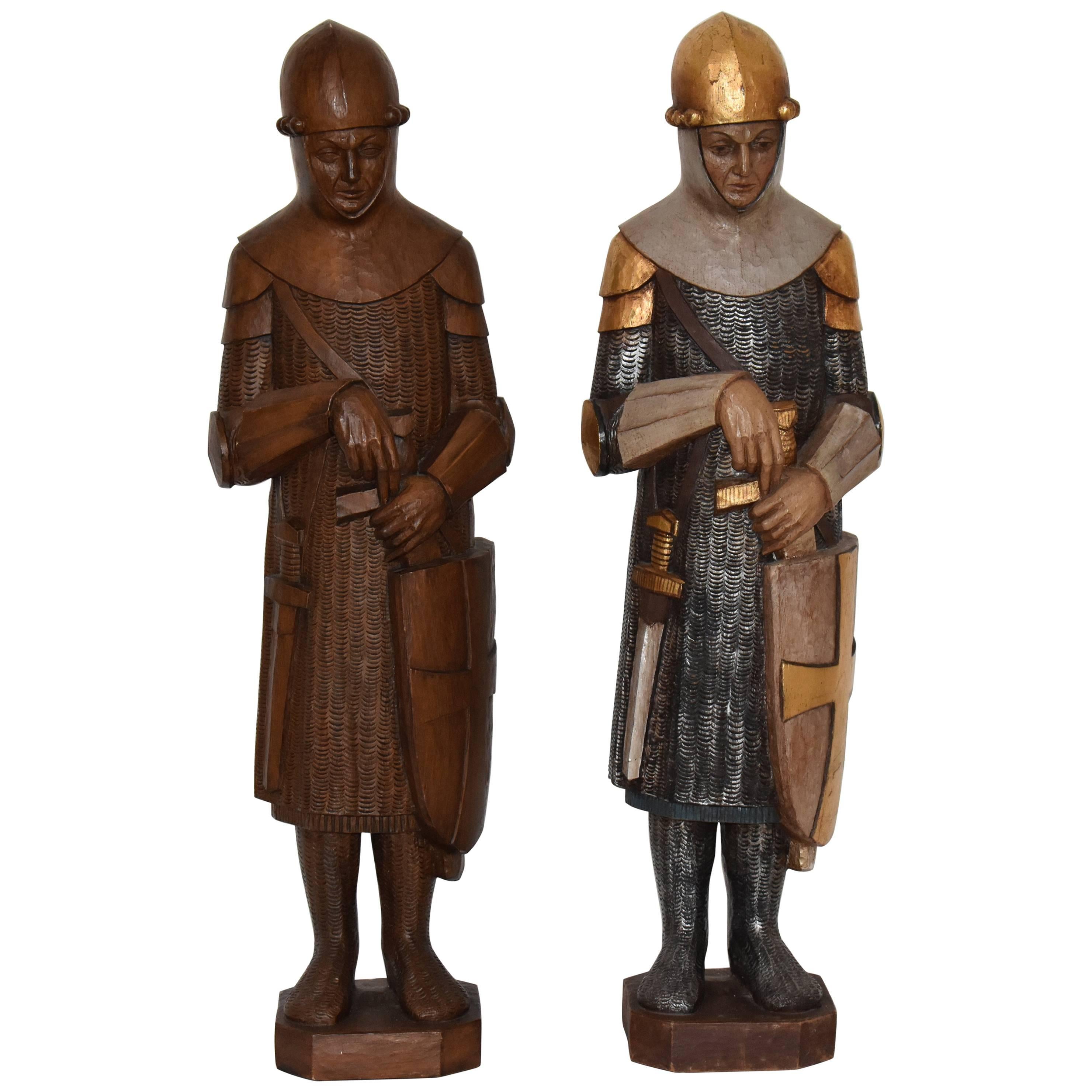 FINAL SALE Large Medieval Crusader Knight Sculptures, Carved Wood and Polychrome For Sale