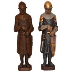 FINAL SALE Large Medieval Crusader Knight Sculptures, Carved Wood and Polychrome