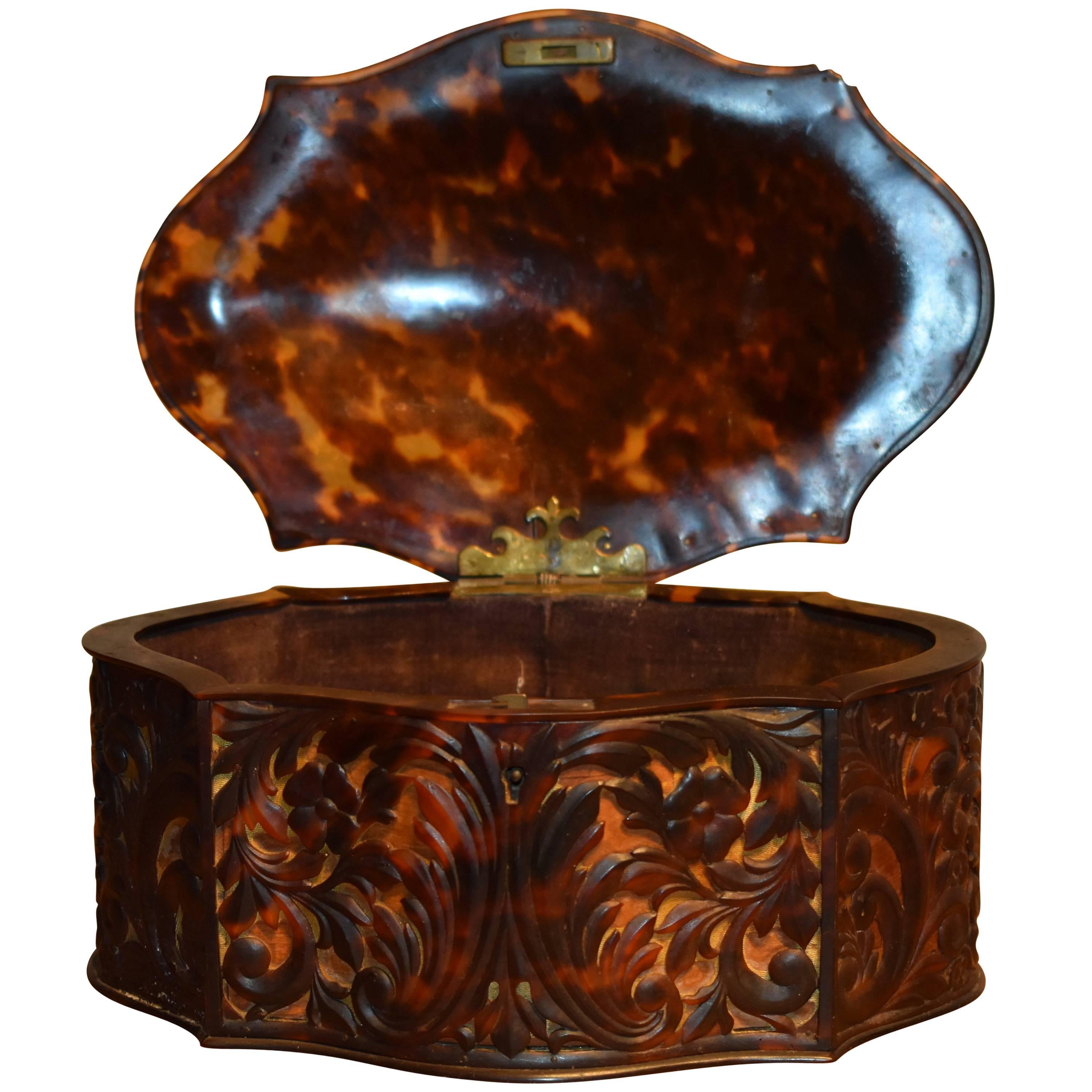 FINAL SALE Antique Carved Faux Tortoiseshell Jewelry Box For Sale