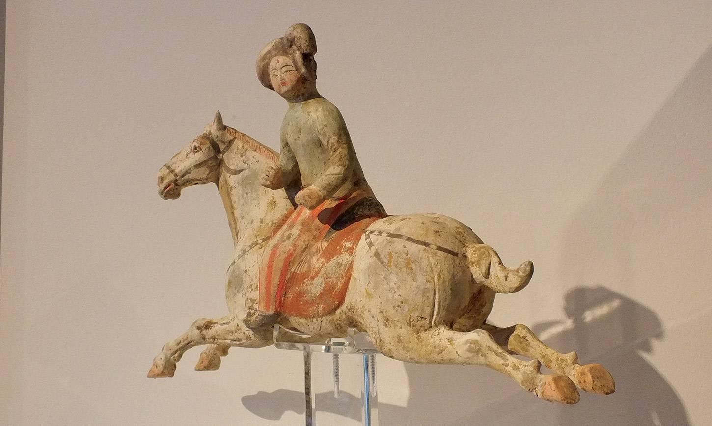 Tang Rare Painted Red Pottery Female Polo Player Astride a Galloping Pony