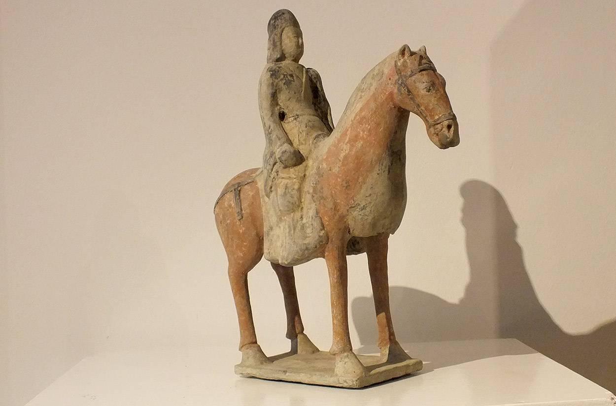 Chinese Painted Gray Pottery Equestrian Figure