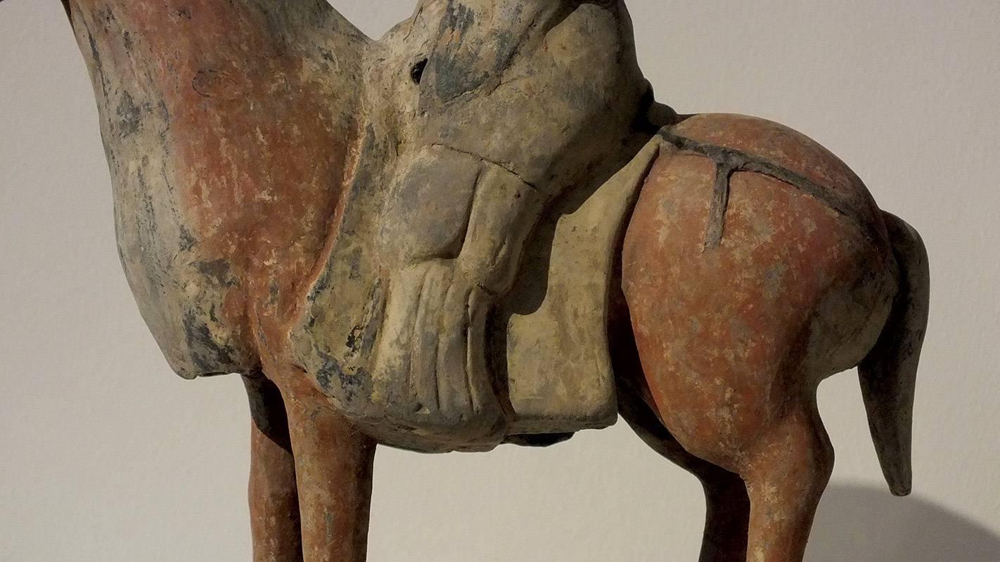 18th Century and Earlier Painted Gray Pottery Equestrian Figure